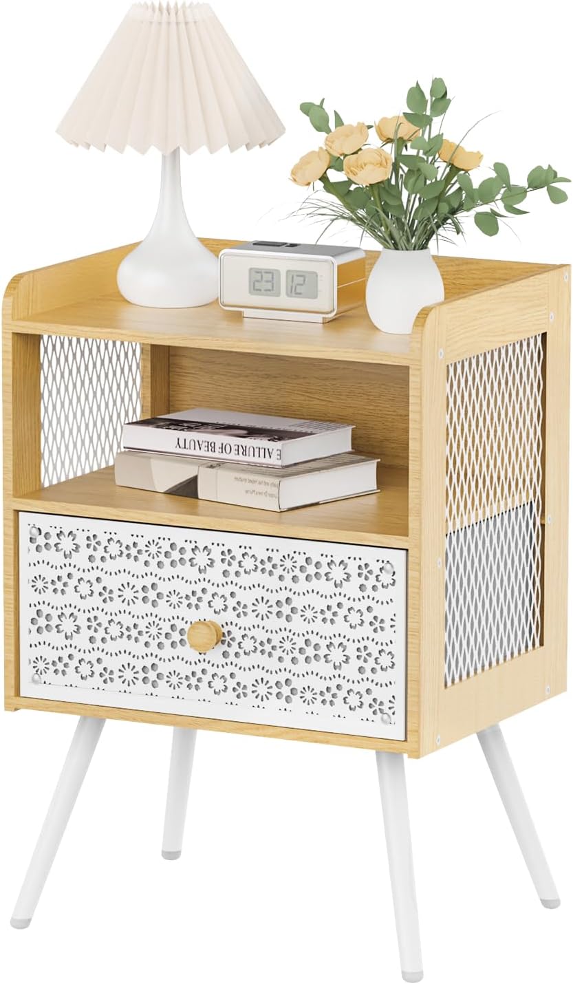 Nightstand, Bedside Table with Metal Drawers, End Table with Open Shelf, 2-Tier Open Adjustable Metal Floral Drawer Night Stand for Sofa Side Table, Bedroom Bedside Table, Maple White