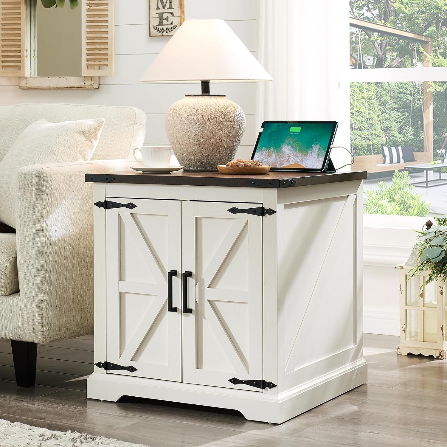 Farmhouse End Table with Charging Station,24" Large Sofa Side Table with Barn Door, Rustic Wood Square Nightstand Bedside Table with Adjustable Shelf for Living Room, Bedroom,White