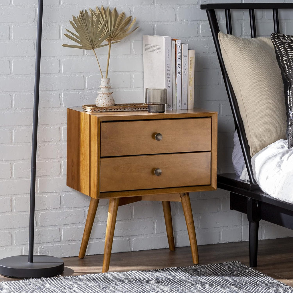 Mid Century Modern Wood Nightstand Side Table Bedroom Storage Drawer Bedside End Table, 2 Drawer, Caramel